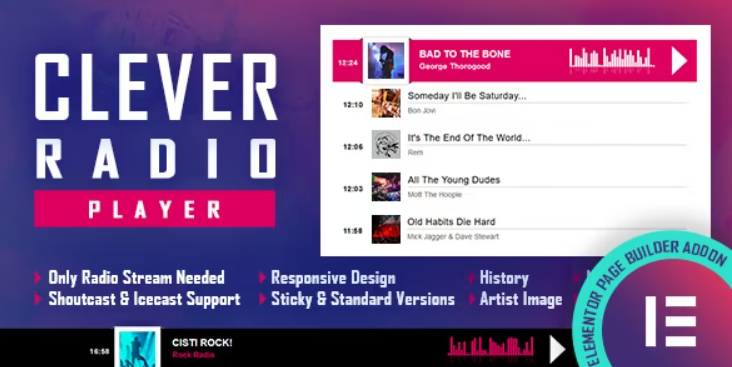 CLEVER - HTML Radio Player With History - Shoutcast and Icecast - Elementor Widget Addon