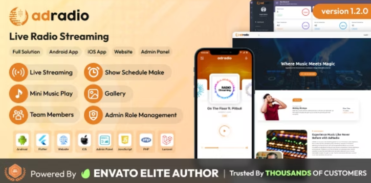AdRadio - Live Radio Streaming Website and Apps with Admin Panel