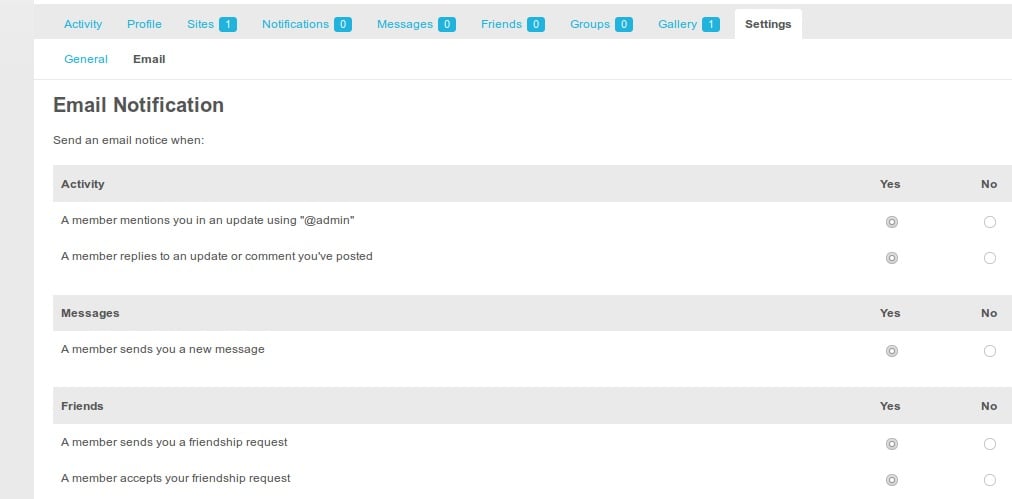BuddyPress Default Email Notification Settings Control